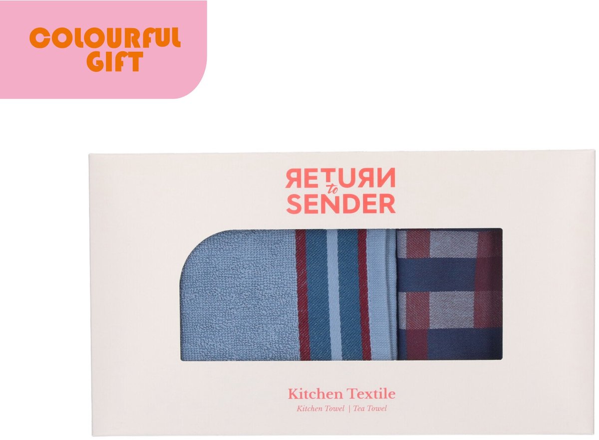 Return to Sender | Keuken- en Theedoek Sofia | 50x70 cm | Burgundy / Blauw met Geschenkdoos