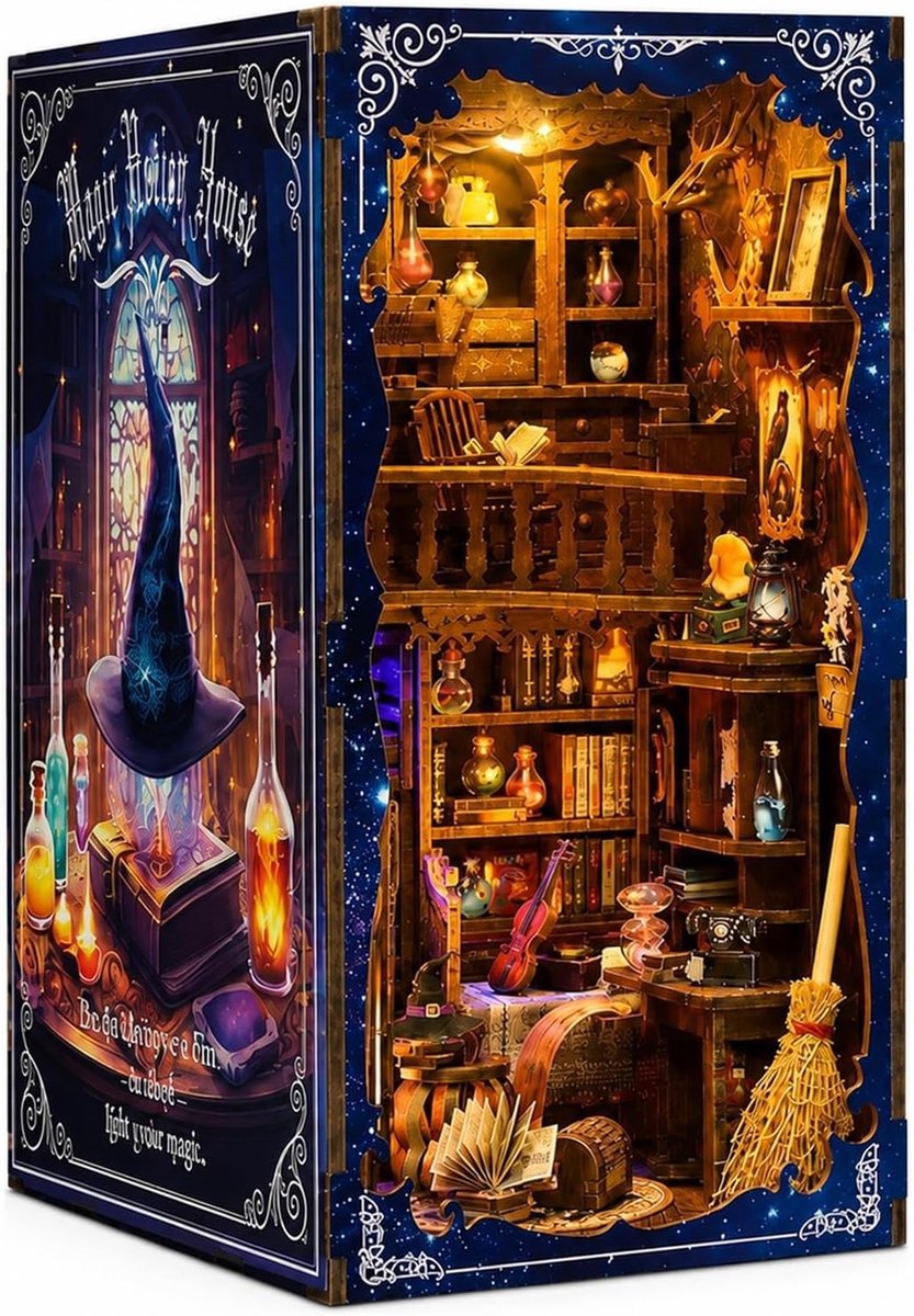 DIY Miniatuur Boek Nook Kit met LED Verlichting, 334 Stukken, 3D Houten Puzzel, Boeksteun voor Boekenplank Decoratie en Creatief Cadeau voor Volwassenen vanaf 14 Jaar
