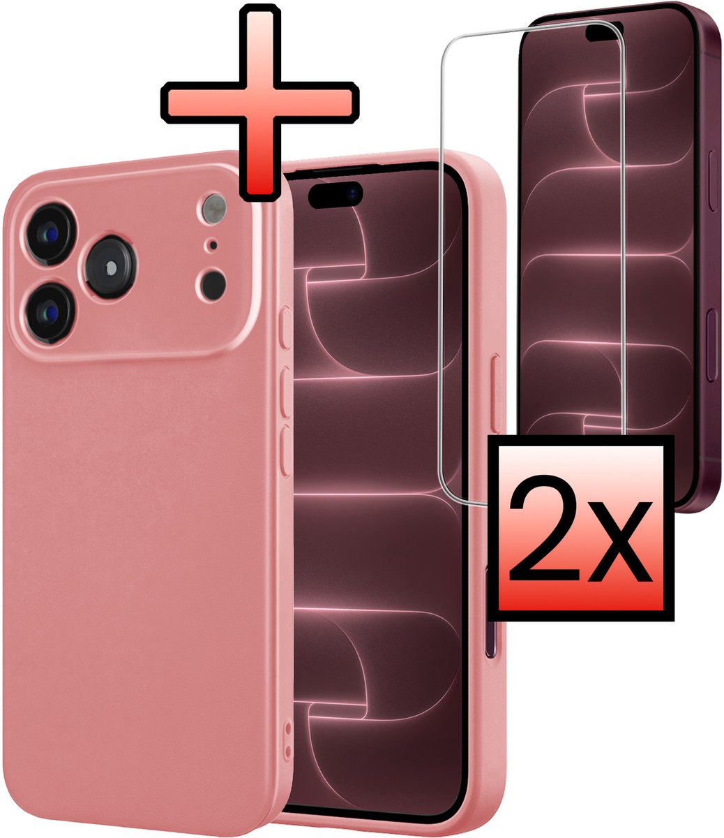 Hoesje - Met 2x Screenprotector - Geschikt voor Apple iPhone 18 Pro - Sterk & Shockproof - Back Cover - Siliconen Case - Telefoon Hoes - Lichtroze