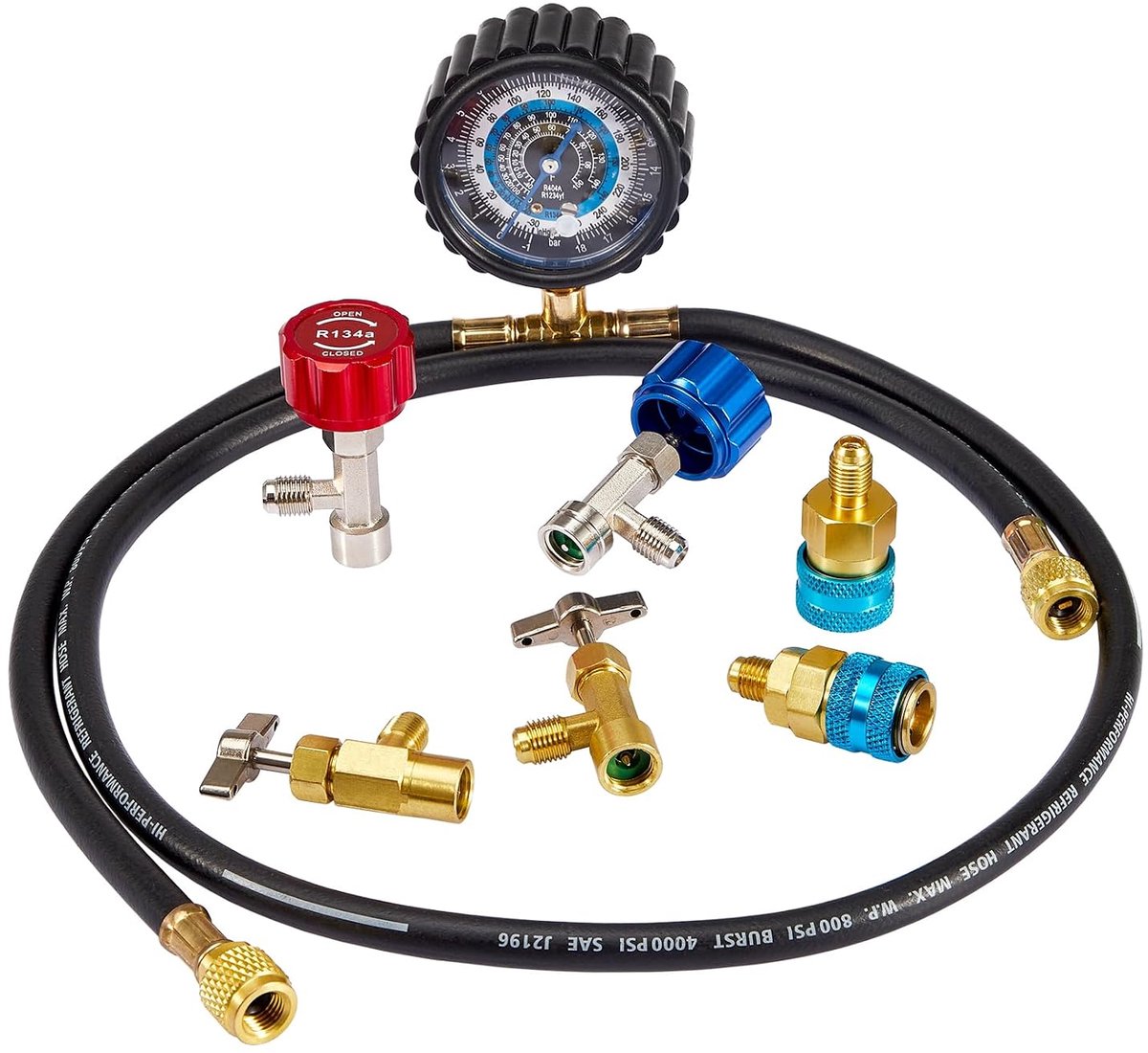 Pindex R1234YF Refrigerant Refill Set, AC R134A 1234YF Pressure Gauge Set with Adapters, Can Taps - ShopVlot