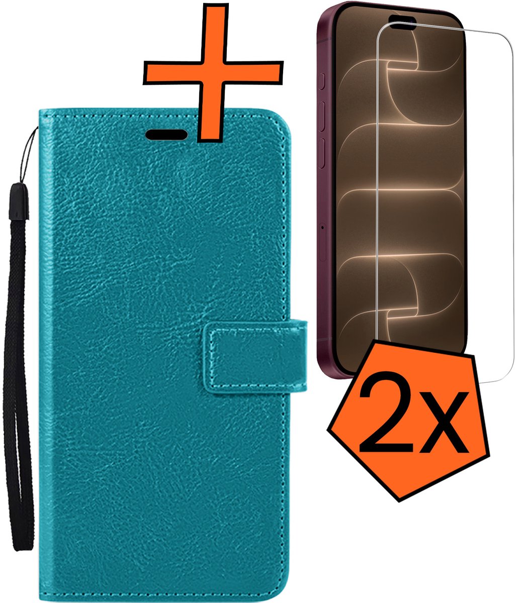 Hoes - Met 2x Screenprotector - Geschikt voor Apple iPhone 18 Pro - Luxe Pasjeshouder - Bookcase Portemonee - Flip Case - Kunstleer Book Case - Flipcase Hoes - Book Cover - Walletcase - PortemonneeHoes - Turquoise