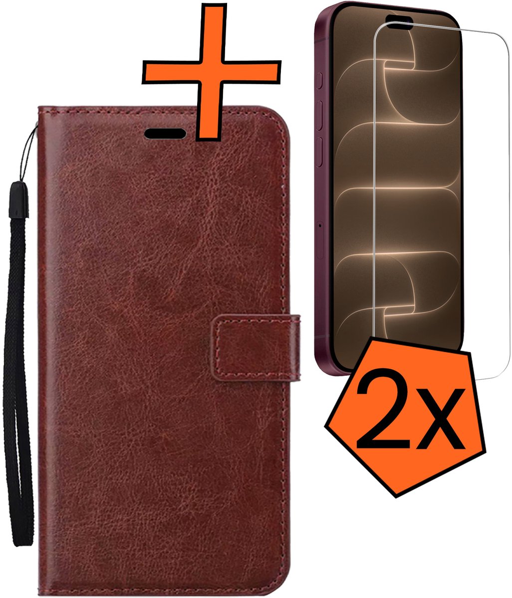 Hoes - Met 2x Screenprotector - Geschikt voor Apple iPhone 18 Pro - Luxe Pasjeshouder - Bookcase Portemonee - Flip Case - Kunstleer Book Case - Flipcase Hoes - Book Cover - Walletcase - PortemonneeHoes - Bruin