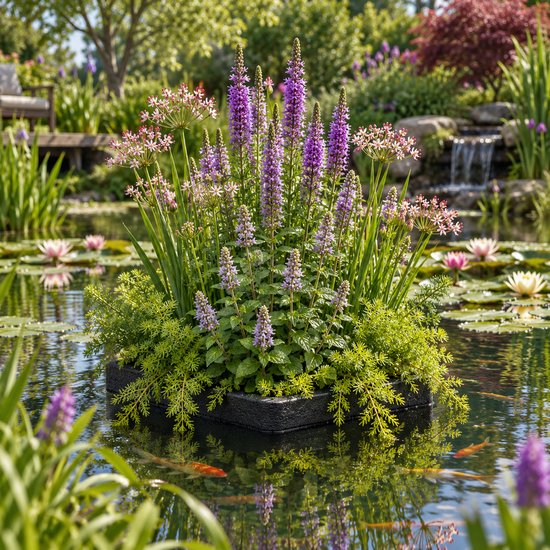 Drijvend eiland met paarse bloemen en groene planten, in een vijver met lelies en vissen. De reflectie is zichtbaar op het water.