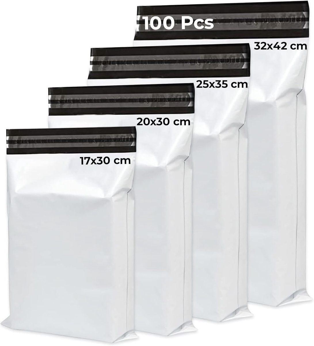 Pack of 100 Plastic Shipping Envelopes, 4 Different Sizes, Self Adhesive for Clothes, Waterproof and Tear-resistant - ShopVlot