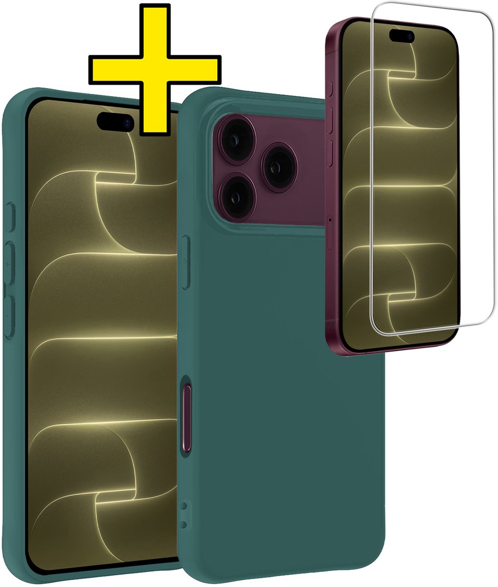Hoesje - Met Screenprotector - Geschikt voor Apple iPhone 18 Pro - Sterk & Shockproof - Back Cover - Siliconen Case - Telefoon Hoes - Telefoonhoesjes - Donkergroen
