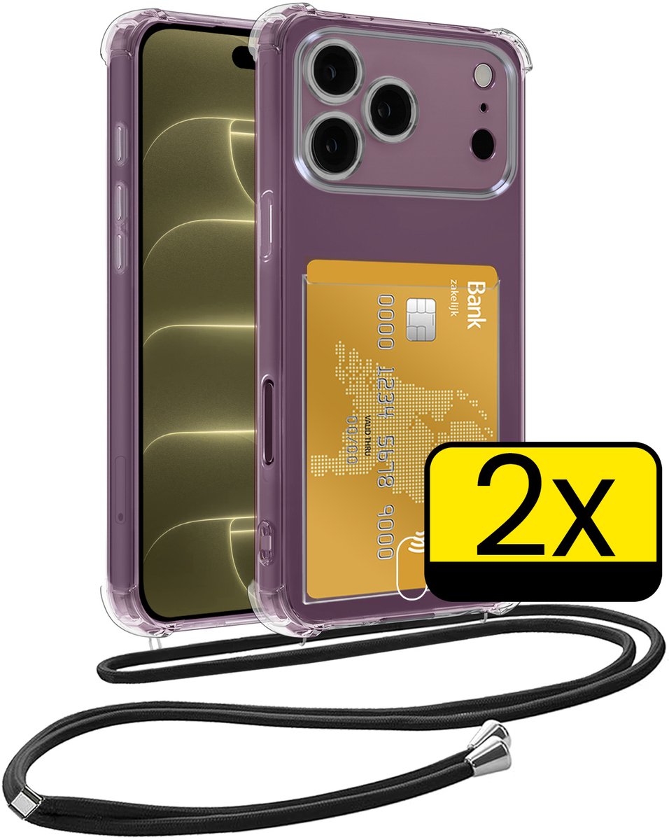 Hoesje Geschikt voor iPhone 18 Pro Telefoonhoesje Met Koord Case Pashouder Siliconen - Hoes Geschikt voor iPhone 18 Pro Hoesje Met Kaarthouder - Transparant - 2 Stuks