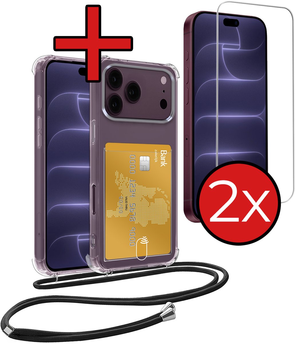 Hoesje Geschikt voor iPhone 18 Pro Max Hoesje Met Telefoonkoord en Pasjeshouder Met 2x Screenprotector Siliconen - Hoes Geschikt voor iPhone 18 Pro Max Hoesje Met Kaarthouder Shock Proof Case - Transparant