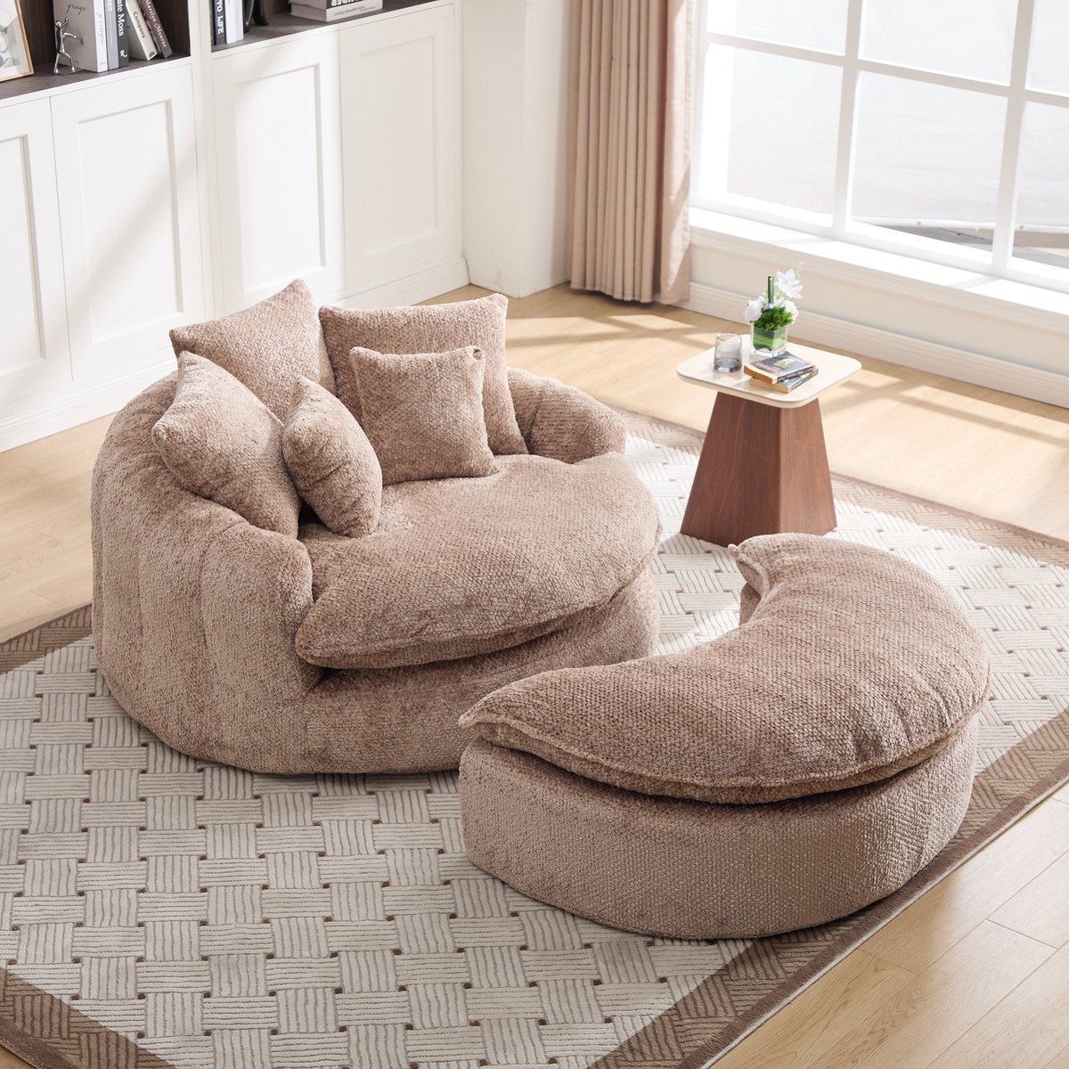 OKWISH Fauteuil 190,5 x 138 x 63 cm - Verstelbaar Met Hocker En Kussens - Voor Woonkamer En Lounge - Polyester - Koffie Coffee