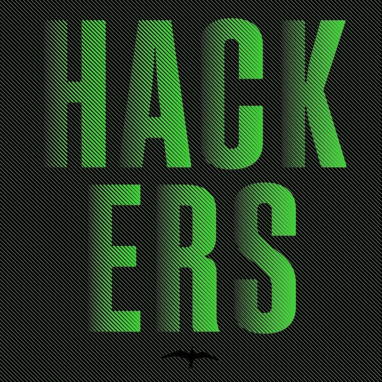 Groene tekst 'HACKERS' met een schaduweffect op een zwarte achtergrond met lijnen.