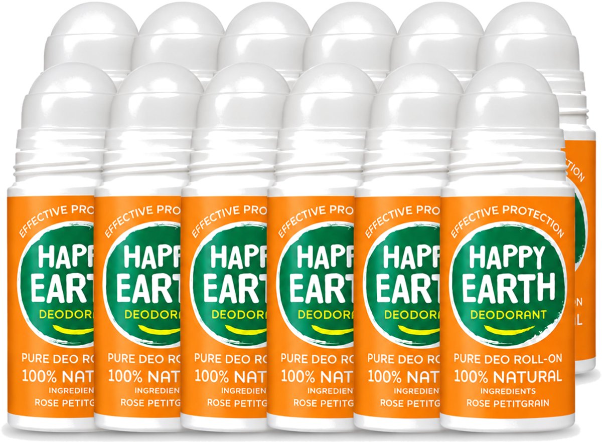 12 x Happy Earth – Deodorant Roll-On – 100% Natuurlijk Rose Petitgrain – 75 ml - Voordeelverpakking - 12 stuks
