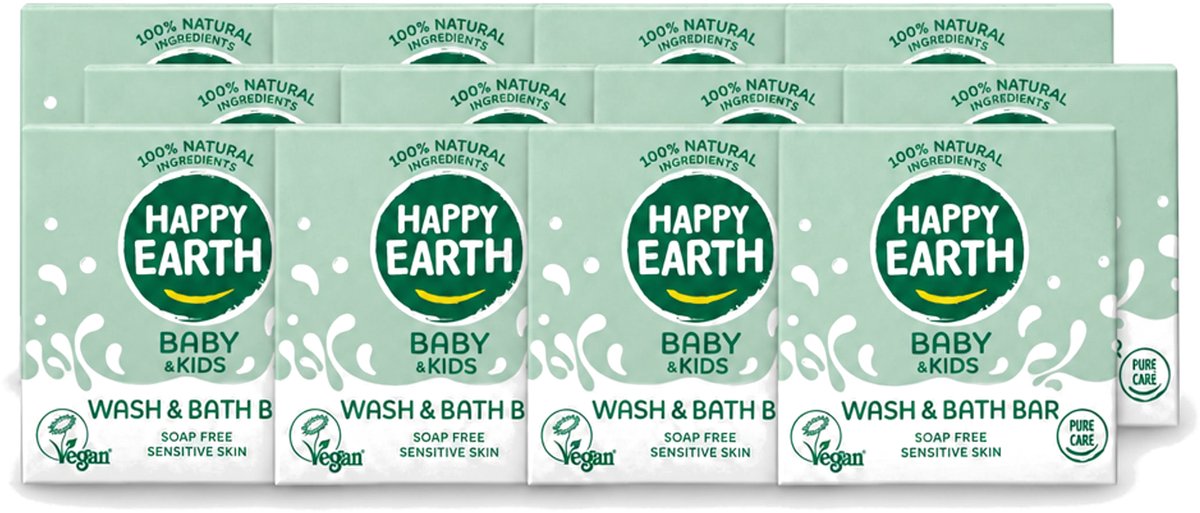 12 x Happy Earth – Wash & Bath Bar – 100% Natuurlijk Baby & Kids – 50 g - Voordeelverpakking - 12 stuks
