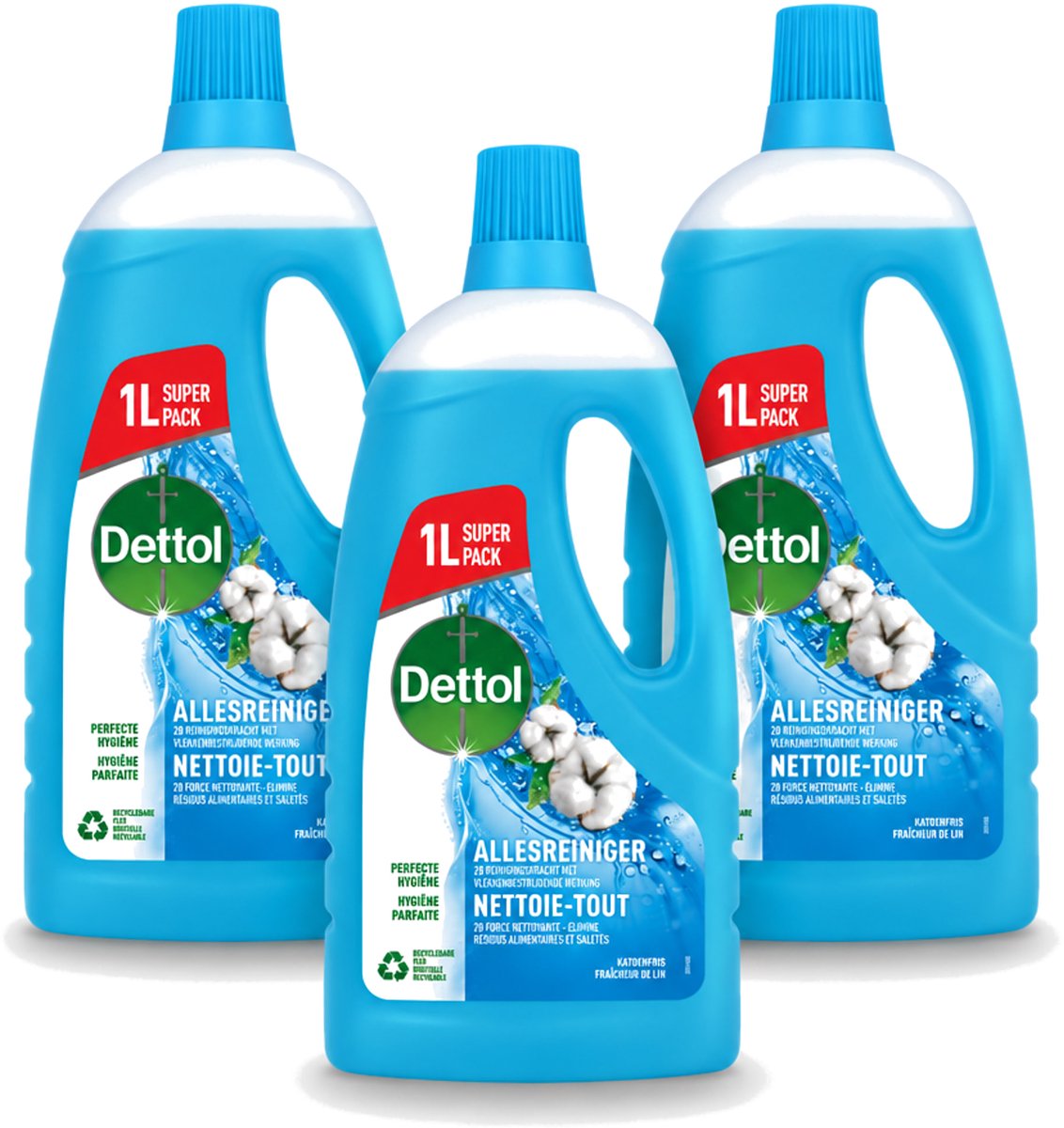 3 x Dettol - Allesreiniger - Power & Fresh - Katoenfris - 1 liter - Voordeelverpakking - 3 stuks
