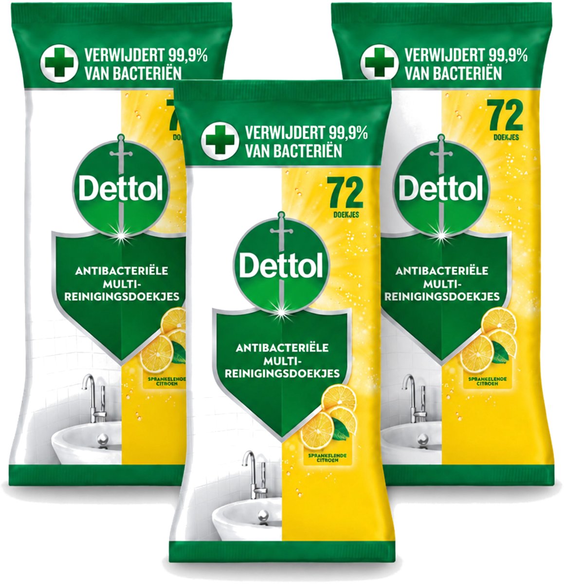 3 x Dettol - Reinigingsdoekjes - Sprankelende Citroen - 99,9% Bacterieverwijdering - 72 Doekjes - Voordeelverpakking - 3 stuks