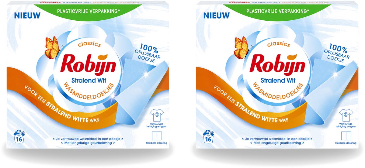 2 x Robijn Classics - Stralend Wit - Wasmiddeldoekjes - 16 Wasstrips - Voordeelverpakking - 2 stuks