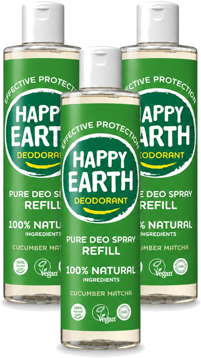 3 x Happy Earth – Deodorant Spray Navulling – 100% Natuurlijk Cucumber Matcha – 300 ml - Voordeelverpakking - 3 stuks