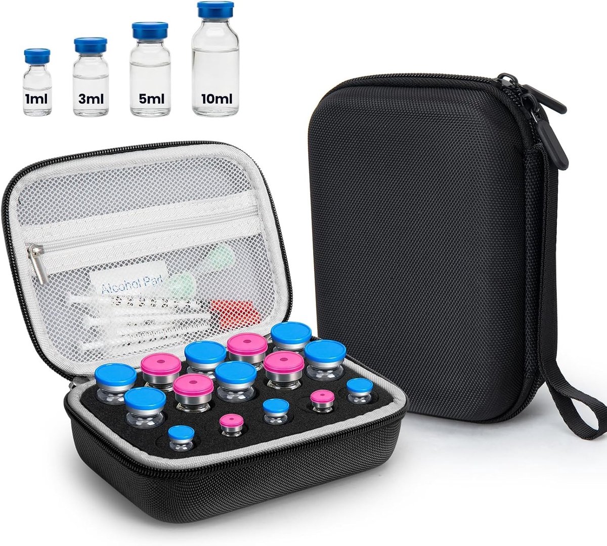 Peptide opslag tas met verstelbaar schuim voor 1.0 ml, 2.5 ml, 7.5 ml en 10 ml ampullen, ideaal voor veilig transport en opslag