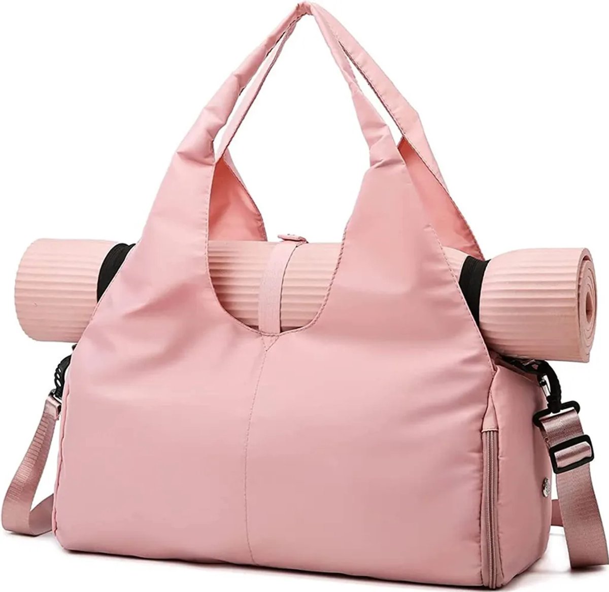 Deze grote sporttas is gemaakt van hoogwaardig nylon met een polyester mesh voering, waardoor hij waterdicht, lichtgewicht en extreem duurzaam is. Hij is ideaal Geschikt voor yoga, reizen of de sportschool en is met name Geschikt voor vrouwen.