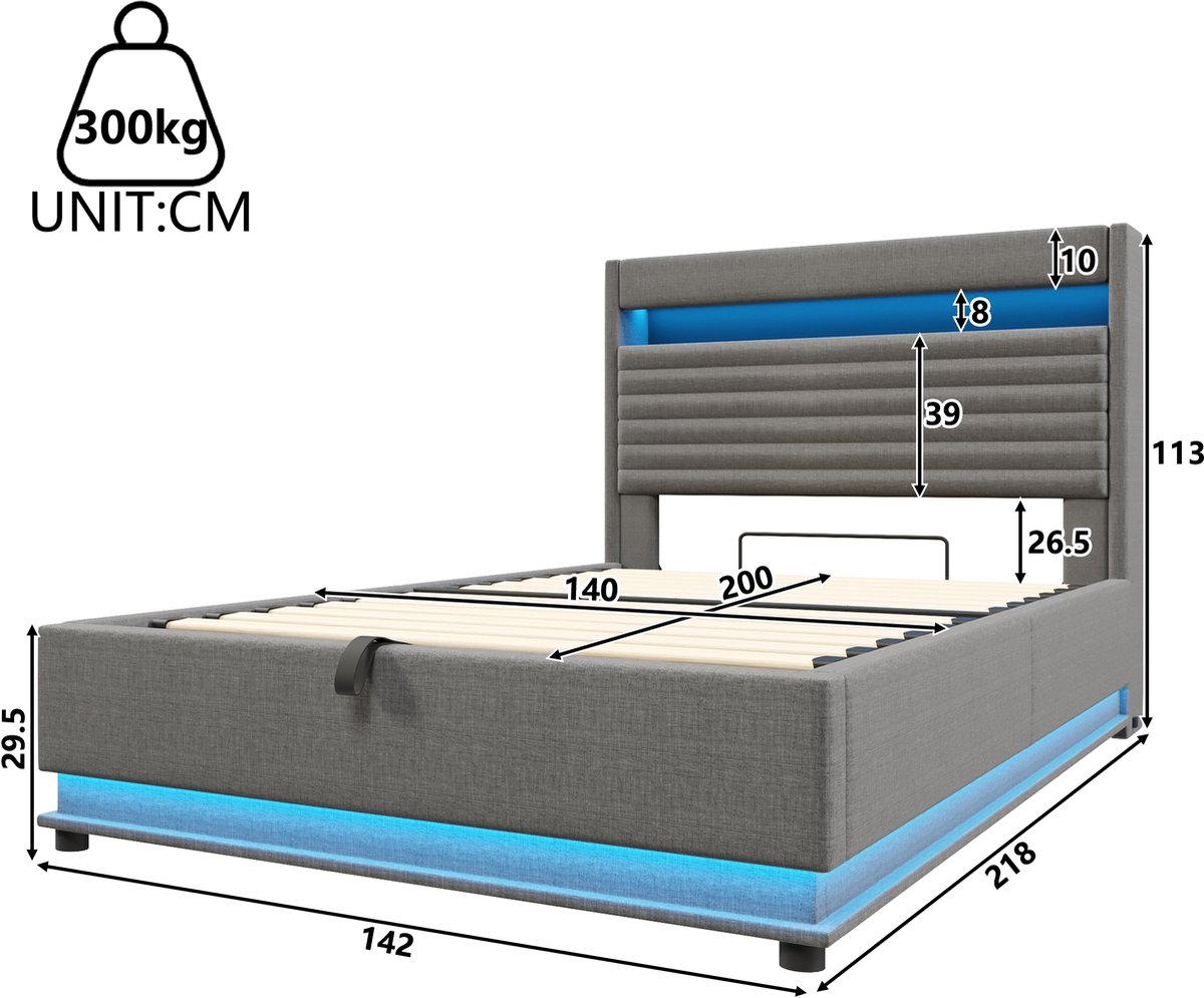 AURA LUMEN Gestoffeerd bed Twijfelaarbed 140x200 cm Hydraulisch bed met opbergruimte Bed met LED en USB Grauw Beige