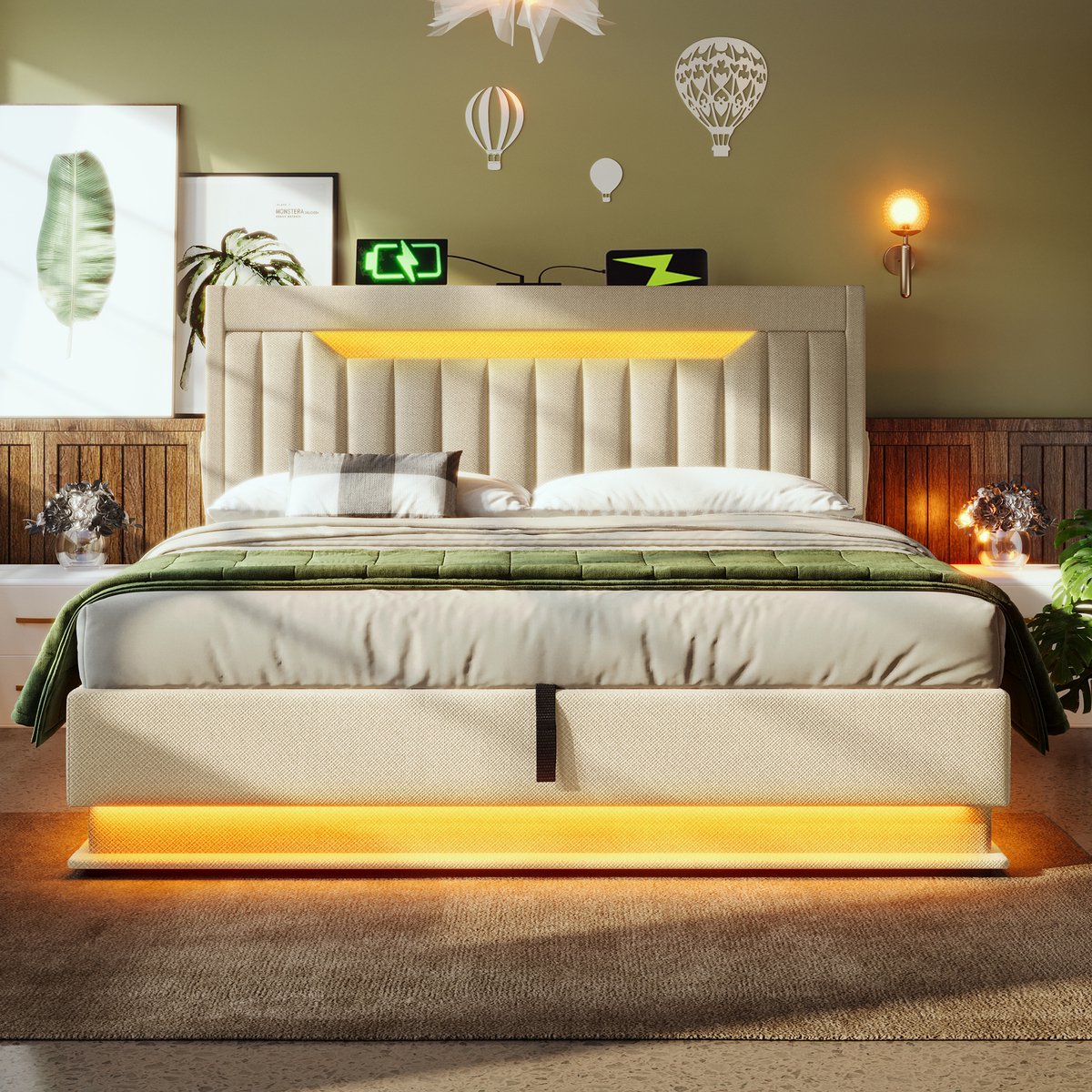 AURA LUMEN Gestoffeerd bed Twijfelaarbed 140 x 200 cm met opbergruimte hydraulisch bed met LED en USB Type-C hoofdbord beige leinen
