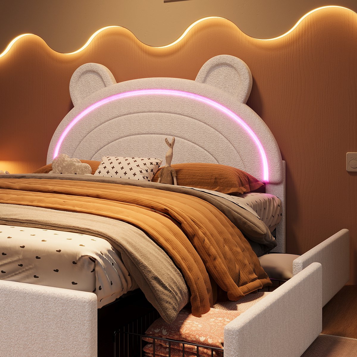 AURA LUMEN Gestoffeerd bed Eenpersoonsbed 90 x 200 cm met barenkopbord-bed met opbergruimte-bed met lades-bed met LED en USB-beige