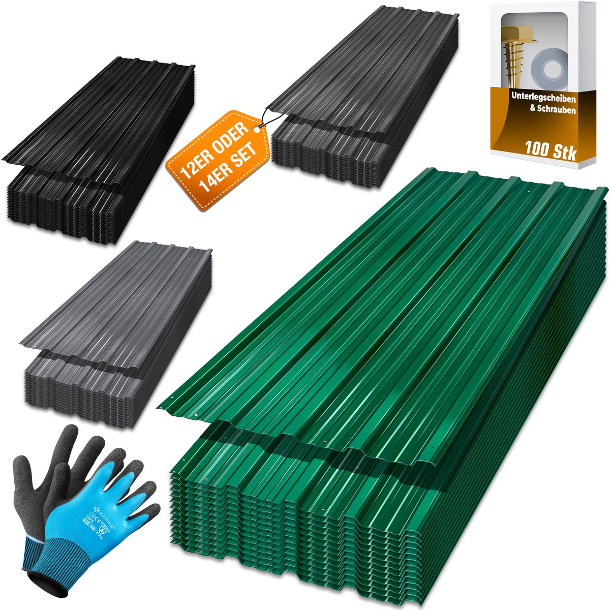 KESSER® Trapeziumplaat set van 14 - dakplaten 110 x 46 cm - 7 m² verzinkt staal 0,25 mm - zwart
