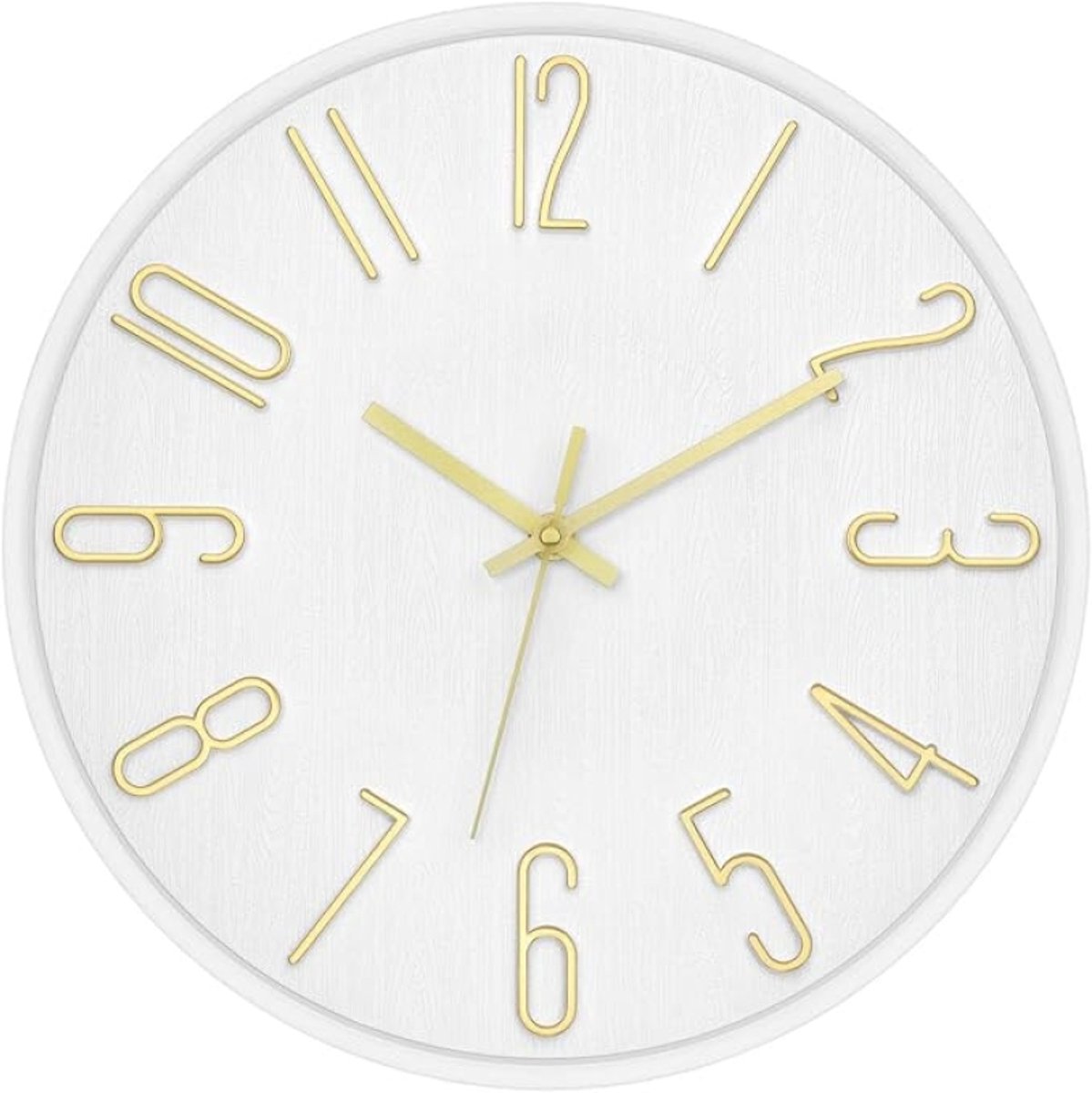 Wandklok 30 cm Geruisloos Modern Wit met Gouden 3D Cijfers - Stille Quartz Klok voor Woonkamer, Keuken en Slaapkamer