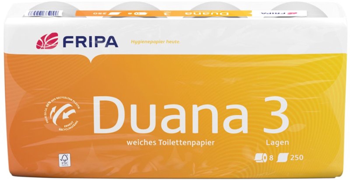 Fripa Duana toiletpapier, 3-laags, 8 rollen à 250 vel