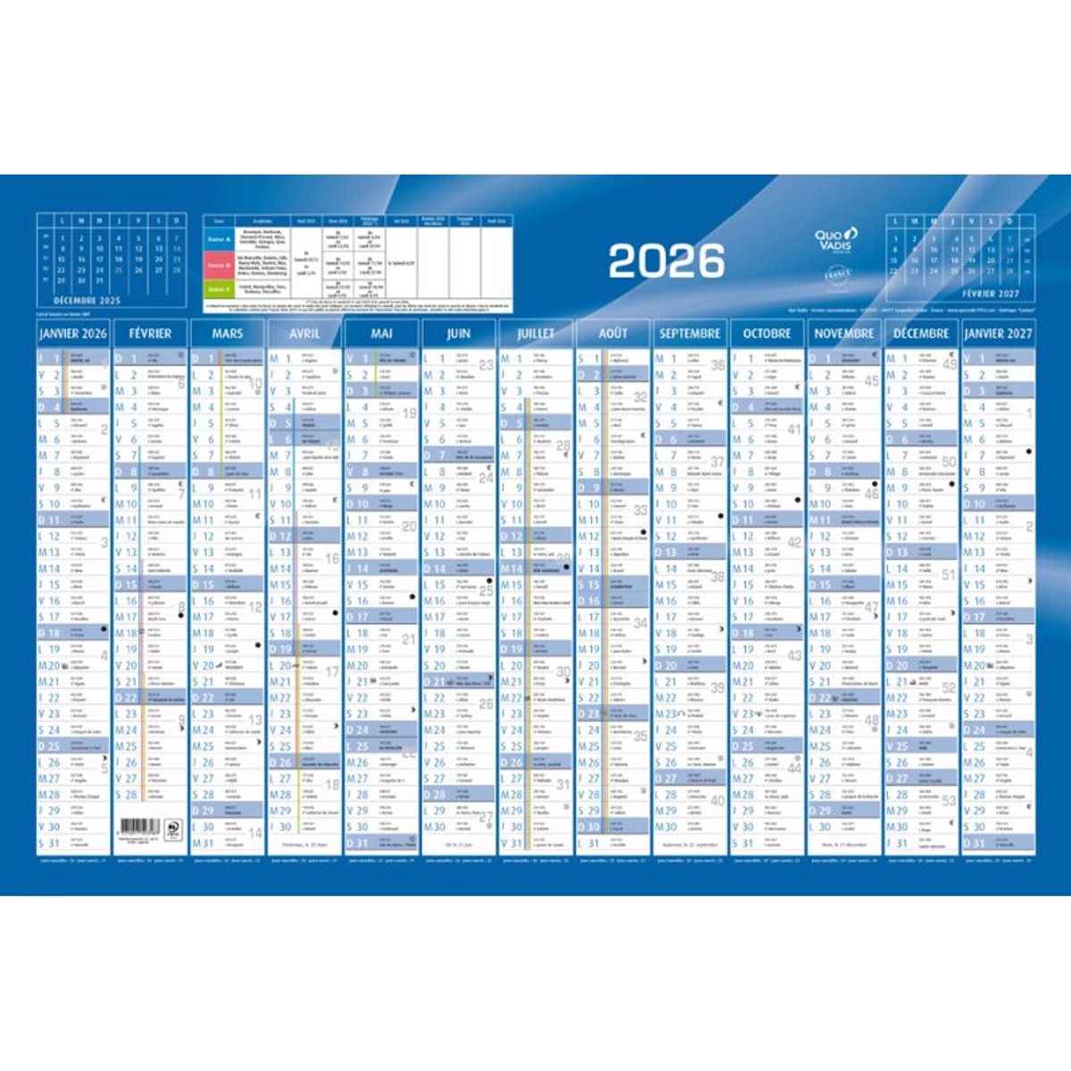 QUO VADIS kalender 2026, horizontaal, blauw, 650×430 mm