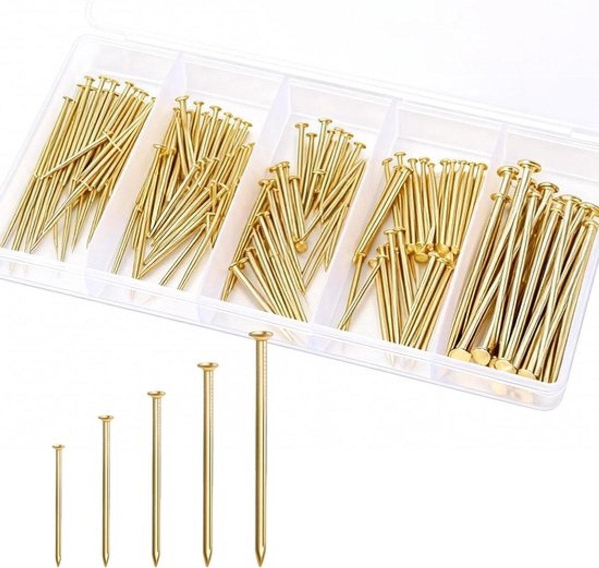 Hardware nagels - Klusspijkers - Bevestigers - Voor houtbouw - Decoratie - 140 stuks - Diverse maten - 1,6 mm tot 2,5 mm - Goud