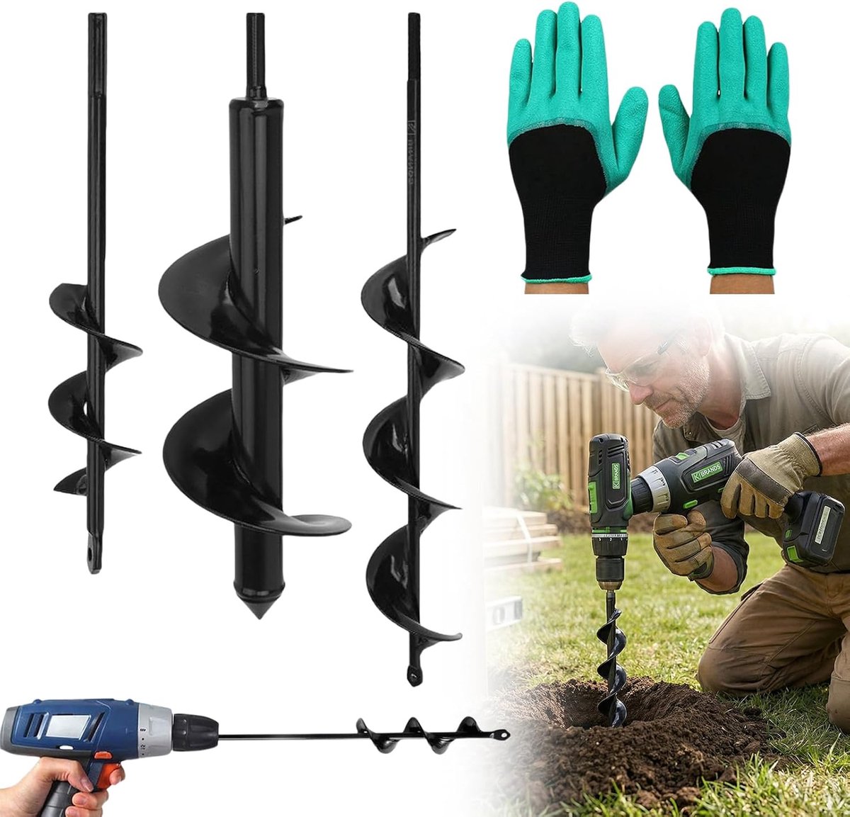 Tuinboor set 3-delig - 4 x 22 cm, 4 x 42 cm, 8 x 30 cm - ideaal voor planten en zaaien - inclusief handschoenen - ShopVlot