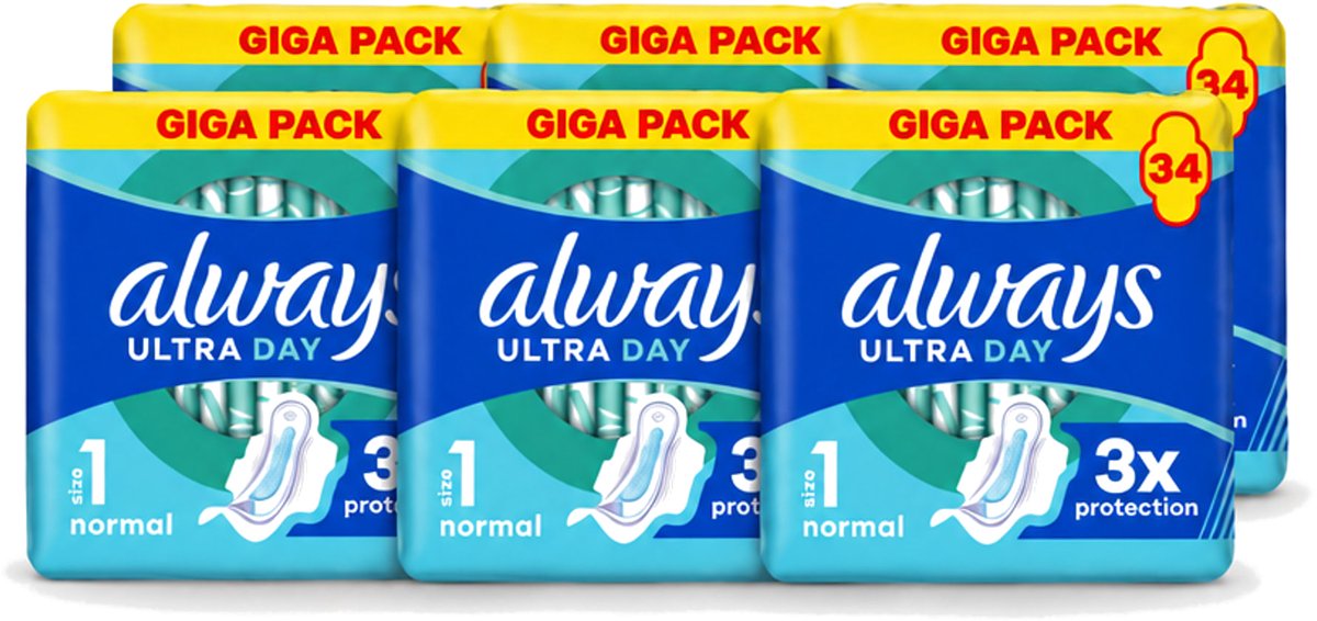 6 x Always - Maandverband - Dag - Normal - 34 Maandverband - Voordeelverpakking - 6 stuks