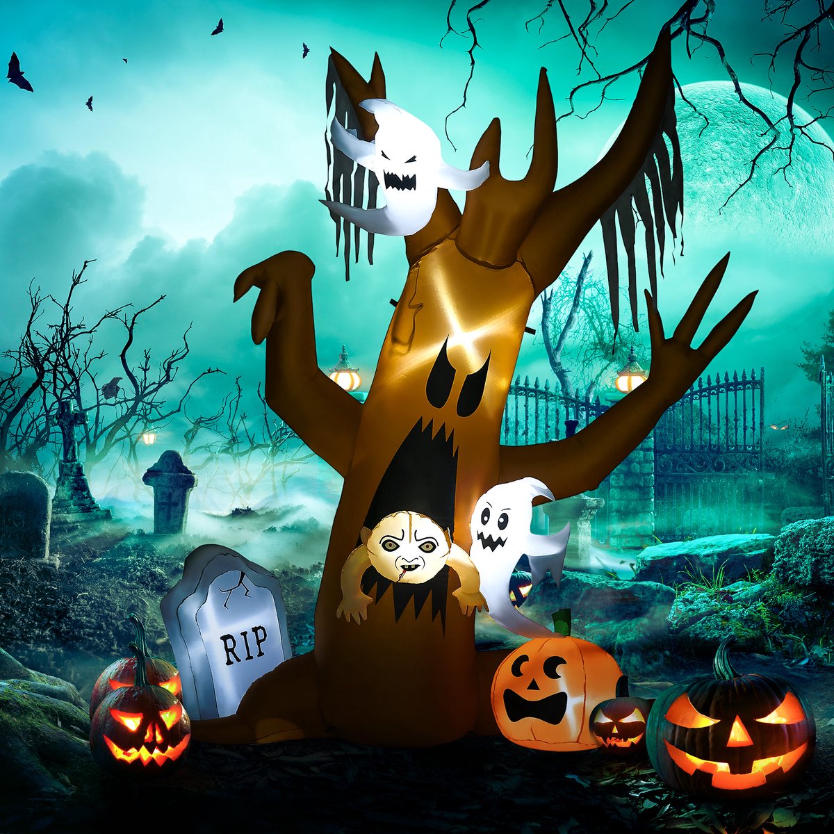 TEKROA® Halloween decoratie - 2,40 m hoge spookboom - zelfopblazend - LED-verlichting - voor buitengebruik - 200L x 90B x 240H cm