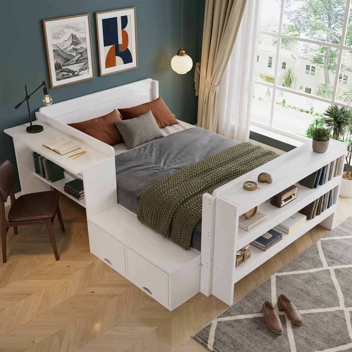 MIVRAY Functioneel Bed 120x200 cm - Met Bureau, Opbergruimte En Omkeerbare Zijmodule - Zonder Matras Voor Kinder- En Tienerkamer - Hout - Wit