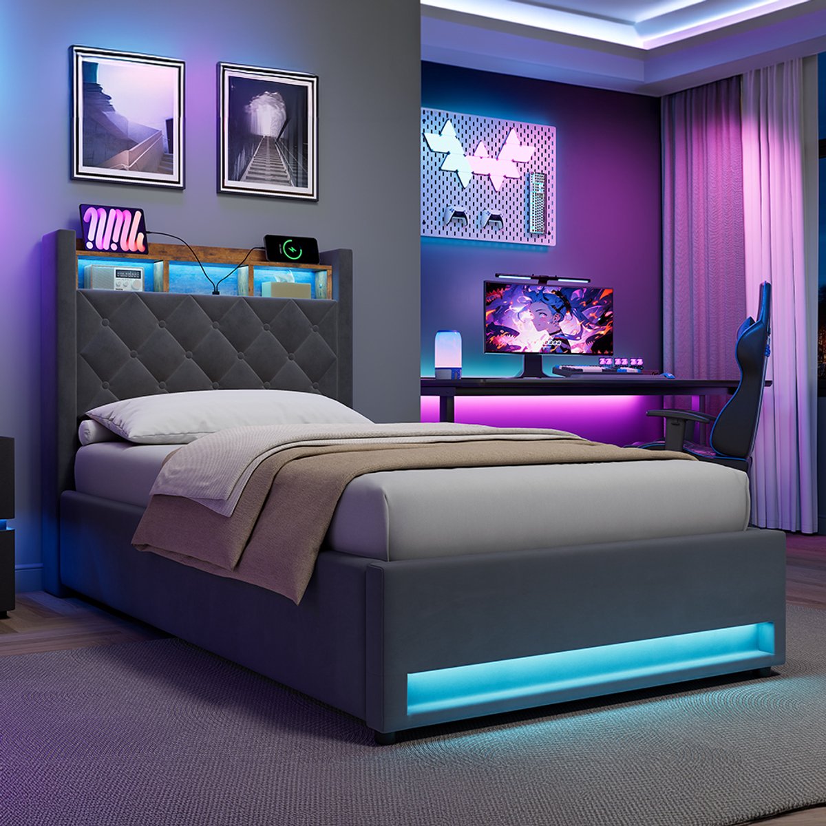 STILVORA Opbergbed 90x200 cm - Verstopte Lade - USB Aansluiting - LED Licht - Veilig Ontwerp - Grijs - Samt + Metaal + Hout Donkergrijs