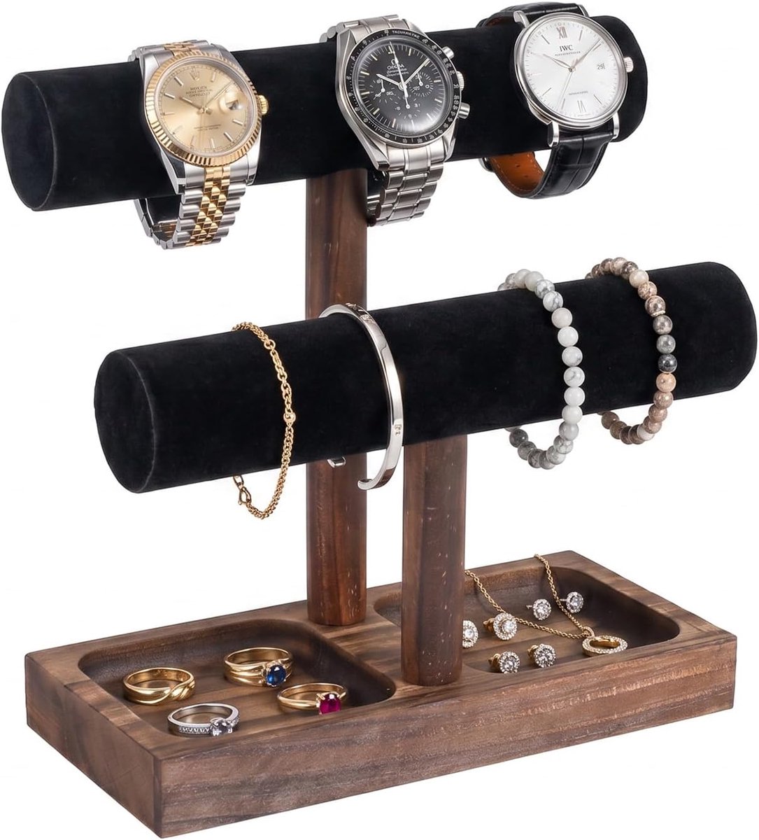 Sieradenhouder 2 niveaus - Zwarte fluwelen wieltjes - Houten basis - Perfect voor organiseren van accessoires - ShopVlot