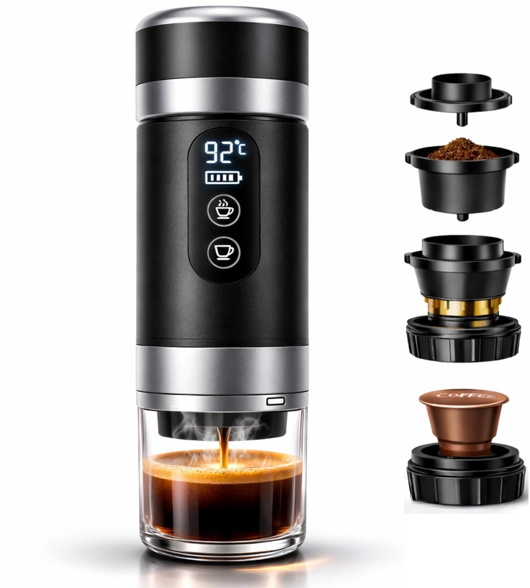 Draagbaar koffiezetapparaat 80 ml - verbeterde versie 2026 - 20 bar druk - met led-display - ShopVlot