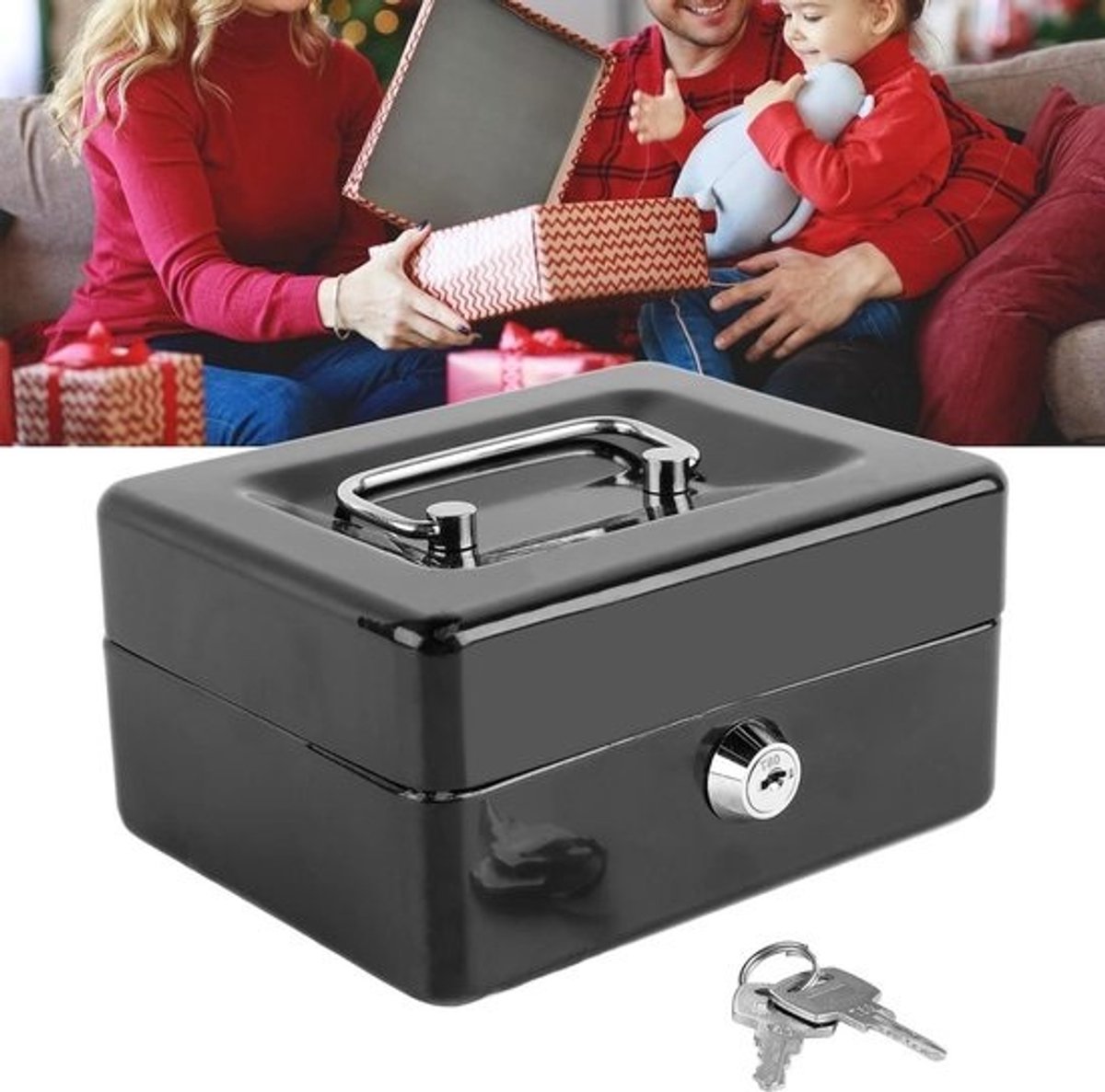 Geldkist met slot - brandwerende metalen opbergdoos - zwart - 15 x 10 x 8 cm