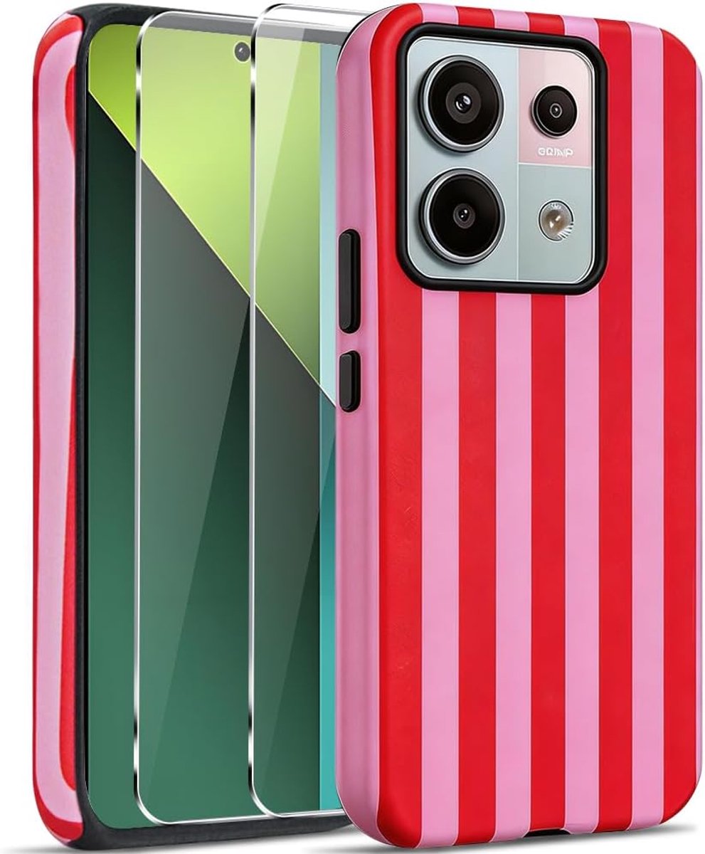 Compatibel met Xiaomi Redmi Note 13 Pro 5G, hoes met 2 stuks pantserveiligheidsglas, esthetisch gestreept patroon, matt, PC + TPU, stootvaste telefoonhoes voor vrouwen en meisjes, rood