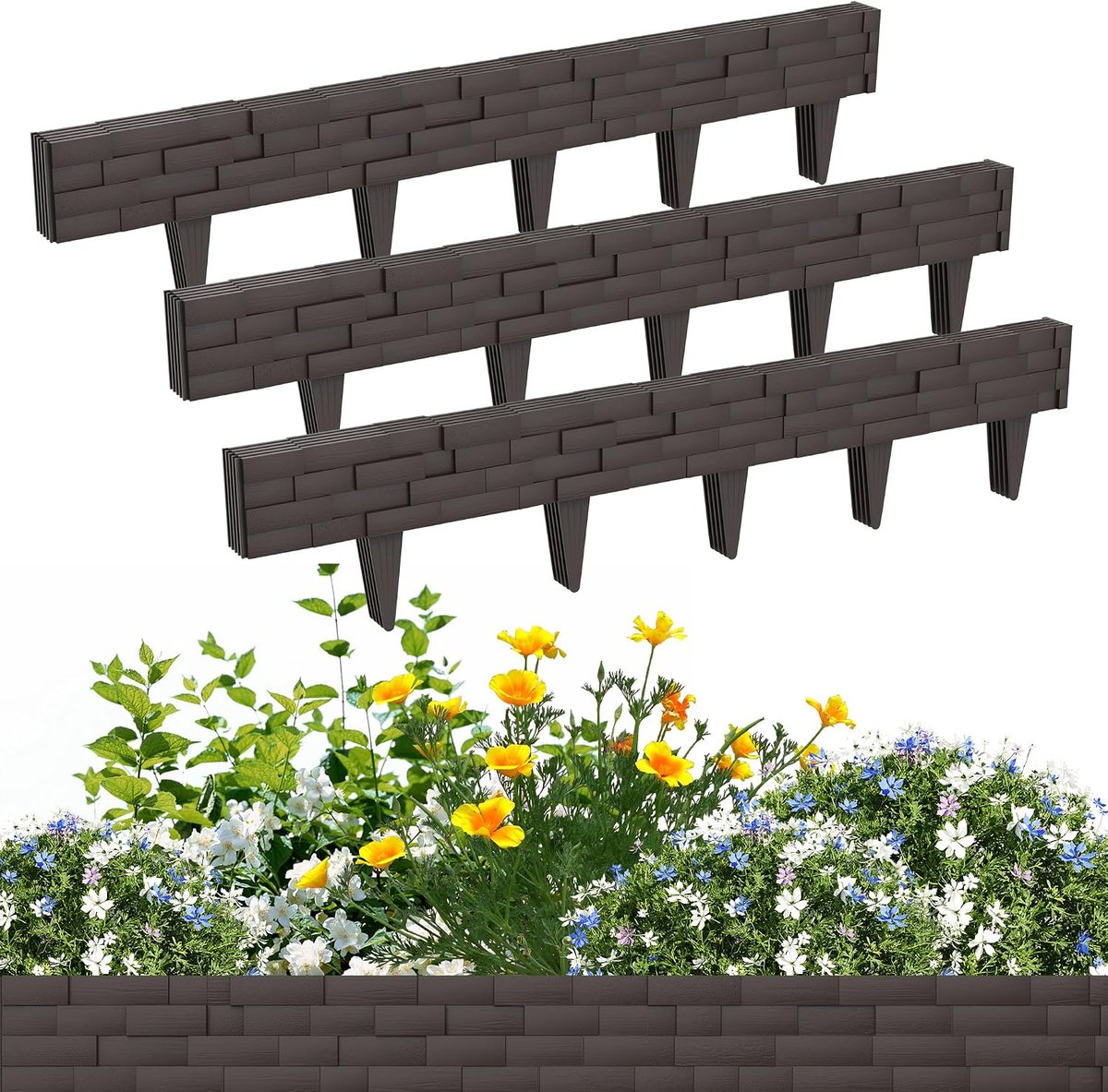 Gazonrand, steenlook, 15 stuks, 15 m, tuinpalissade van kunststof, borderrand, maaikant, weerbestendig en uv-bestendig, bloembed, omranding, bruin