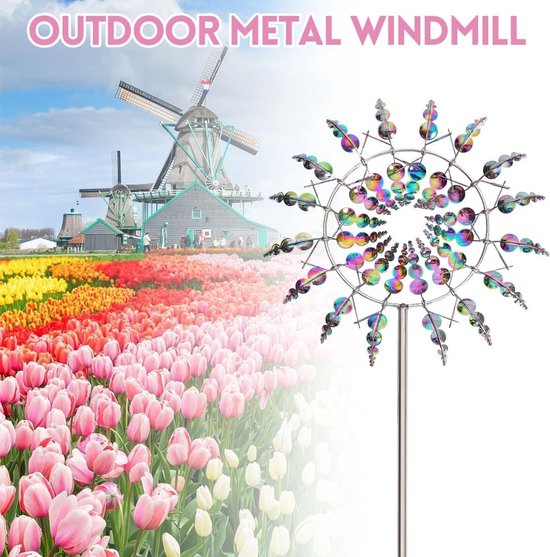 Unieke 3D metalen windmolen met 360° dual rotoren, kleurrijke tuin decoratie en kinetische windspinner voor buitengebruik — afbeelding 3