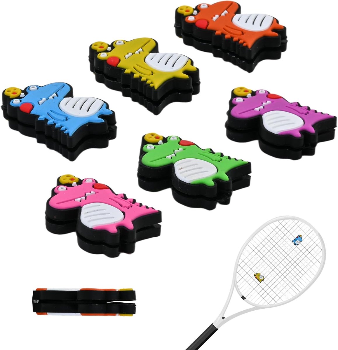 Tennisracketdempers set van 6 - siliconen - dinosaurusvorm - kleurrijk en schattig - ShopVlot
