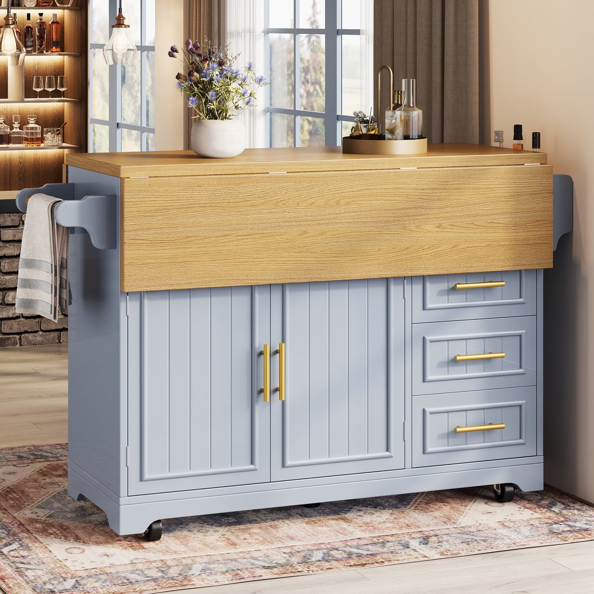 MIVRAY Keukeneiland - Uitklapbaar Werkblad Met Drie Laden - Verrijdbaar Voor Koken En Eten - MDF En Metaal - 120x40x95 Cm - Blauw