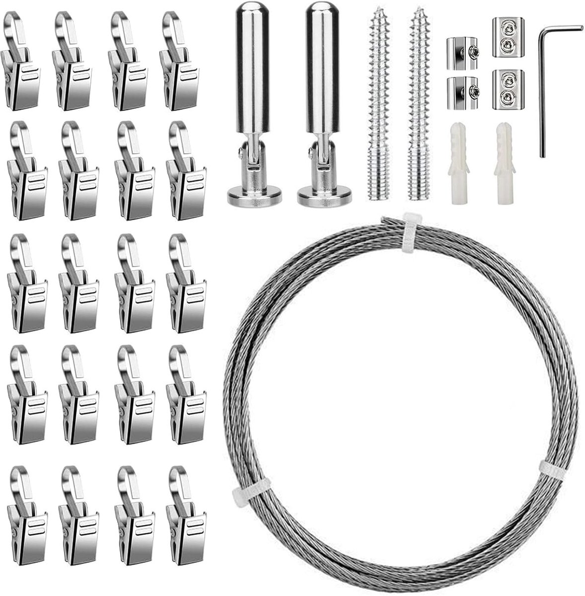 5 m roestvrijstalen gordijndraad met 20 clips - Heavy Duty ophangdraad voor interieurdecoratie, foto's en meer