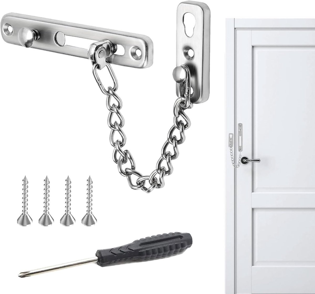 Veiligheidsketting voor Deur zonder Boren, RVS Anti-Diefstal Ketting met Schroeven en Schroevendraaier, Ideaal voor Thuis en Hotels