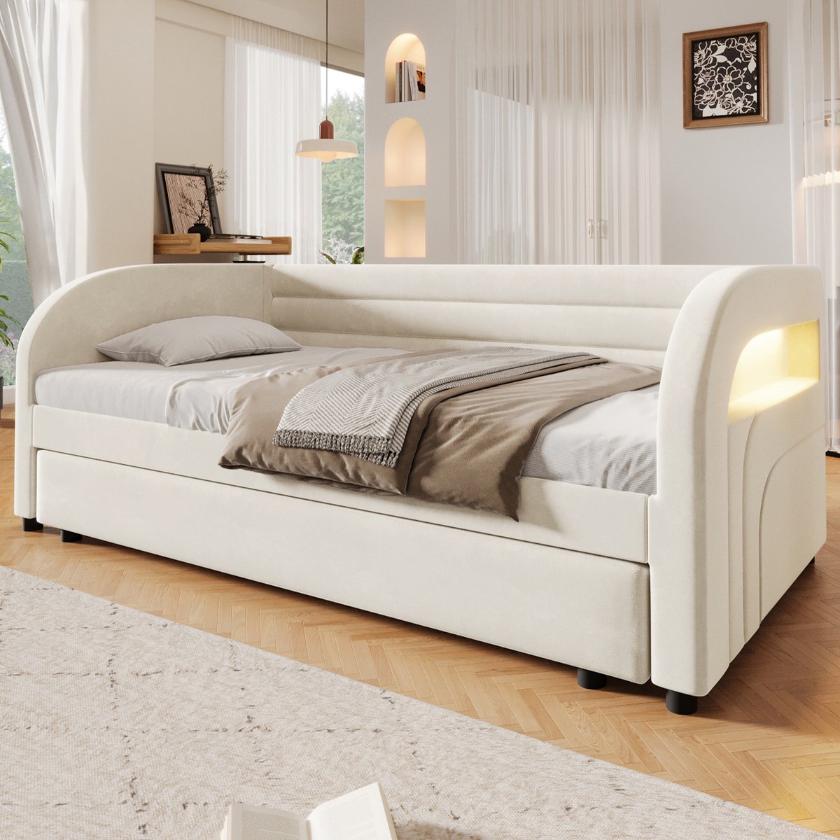 REDOM Eenpersoonsbed met uitschuifbed - LED-verlichting - Gestoffeerde zijkanten - Lattenbodem - MDF en flanel - Beige - 90 x 200 cm