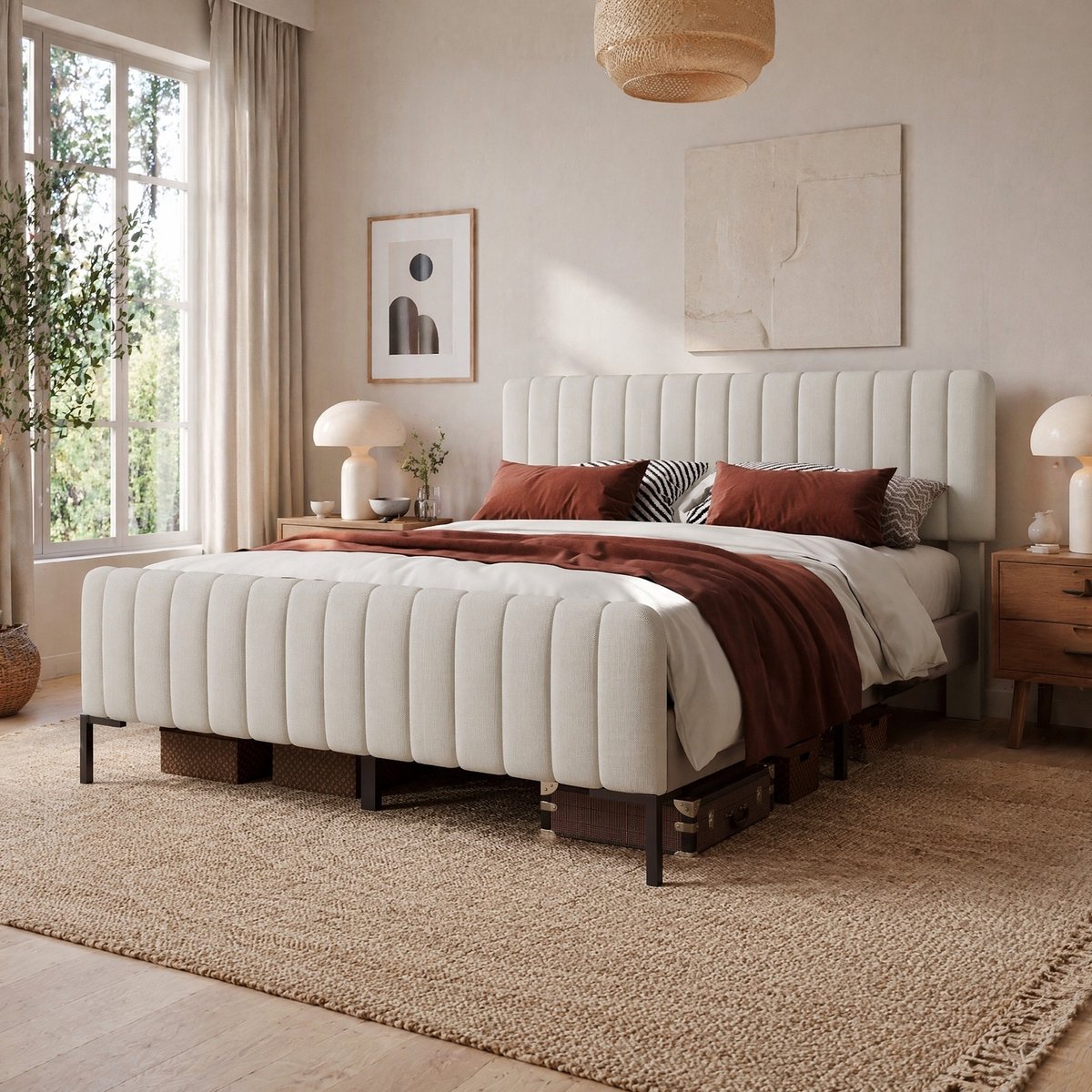 WUVRIE Gestoffeerd tweepersoonsbed 160x200 cm met lattenbodem en verstelbaar hoofdbord, grijs/beige