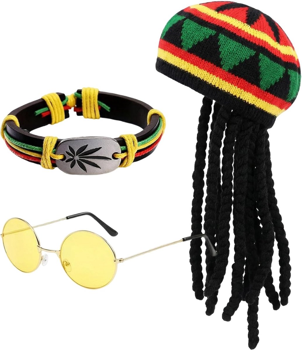 Driedelige Dreadlocks Set met Hoed en Bril voor Volwassenen - Perfect voor Carnaval, Cosplay en Feestjes