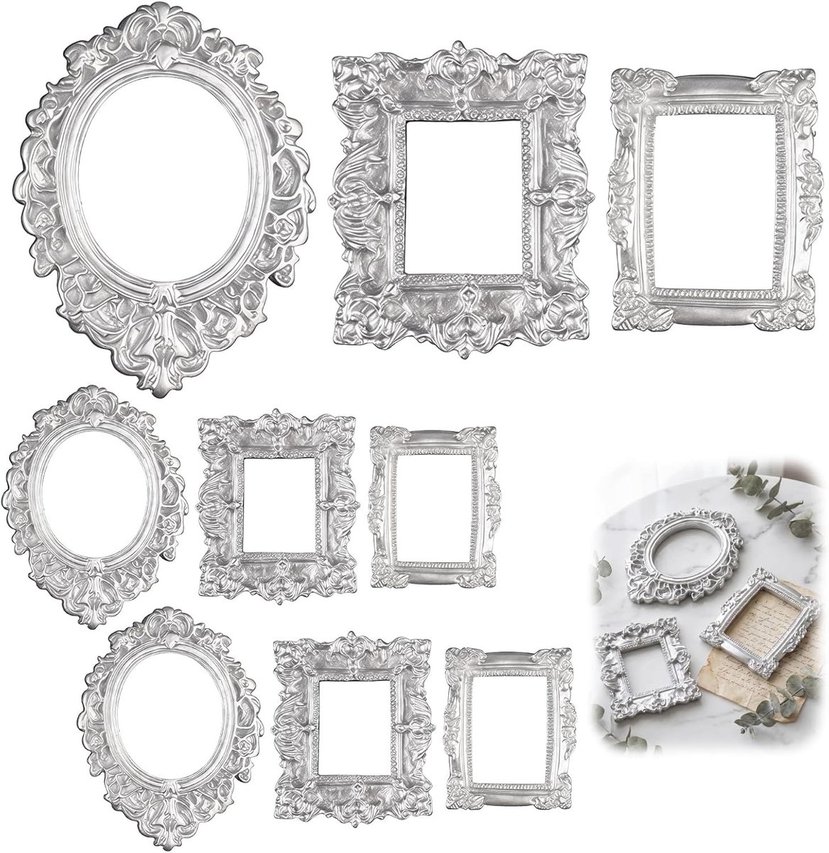 Set van 9 Vintage Mini Fotolijsten in Hars - Barokke Retro Fotolijsten voor DIY Decoratie, Sieradenpresentatie en Tafeldecoratie