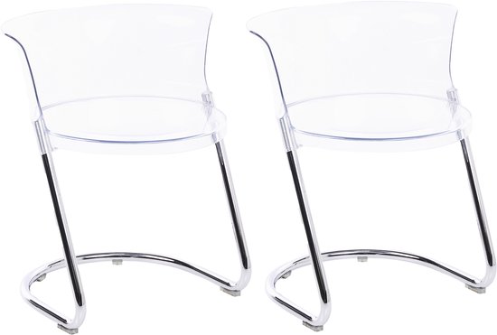 Ensemble de 2 chaises en plastique transparent avec pieds tubulaires chromés brillants.