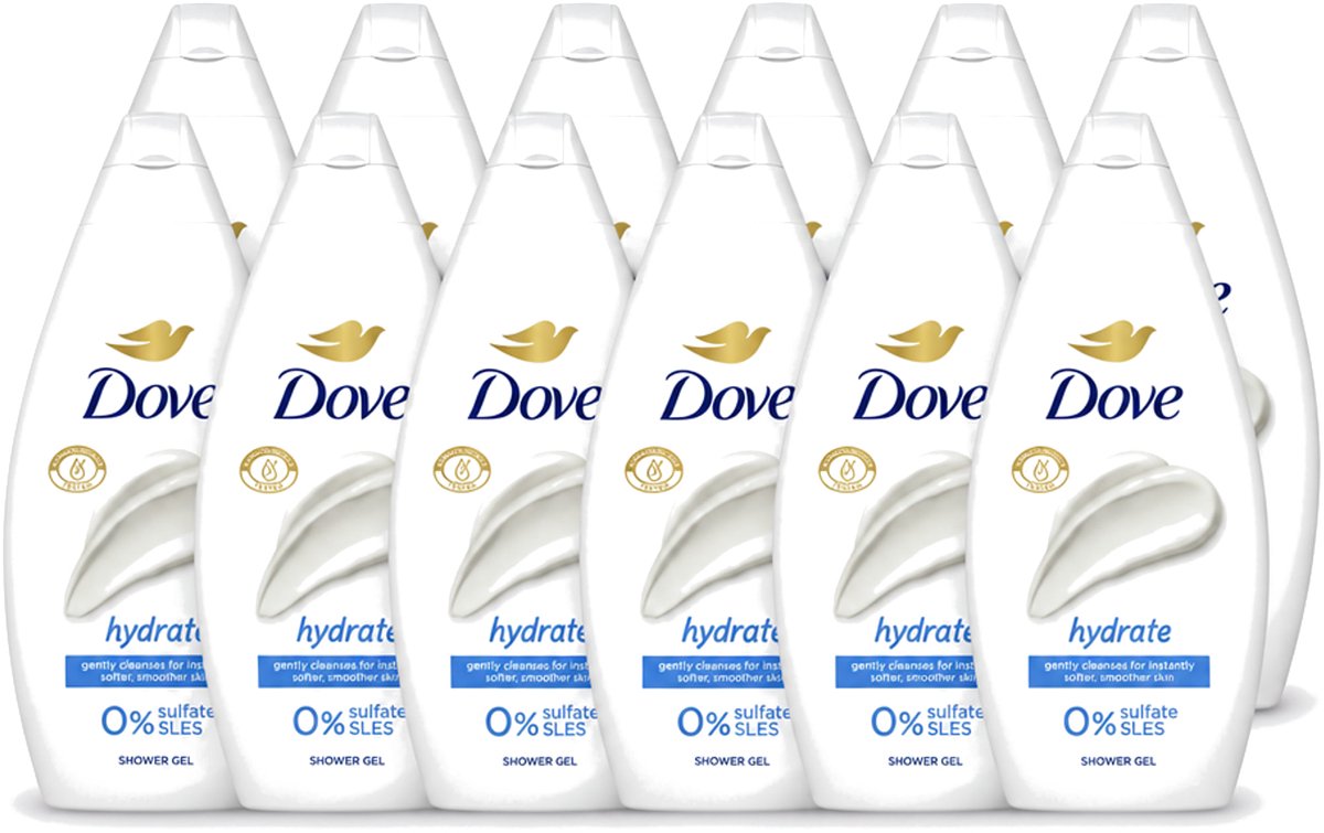12 x Dove Hydrate - Douchegel - Sulfaatvrij - 250 ml - Voordeelverpakking - 12 stuks